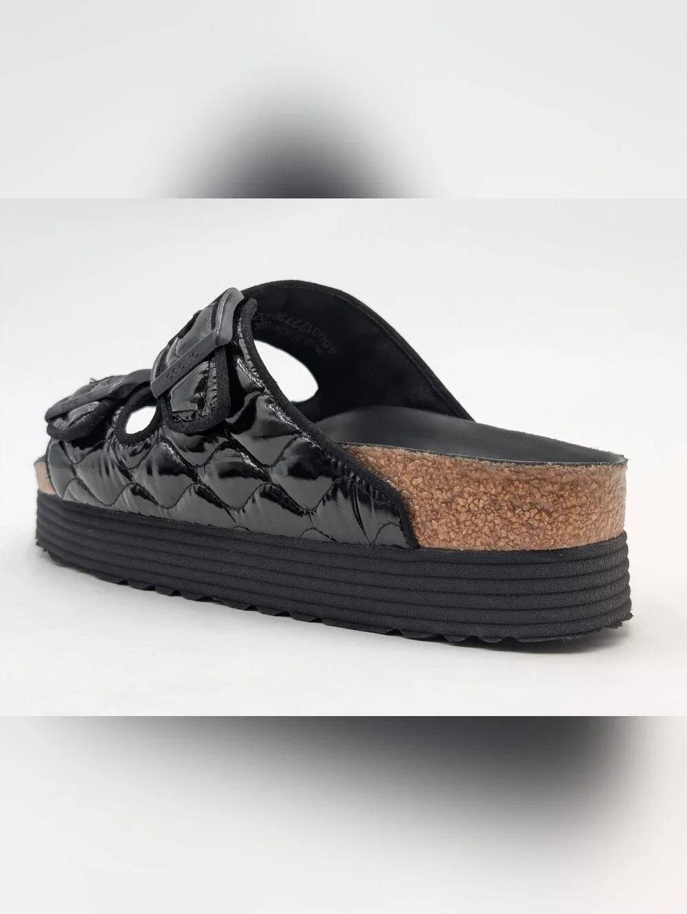 Papillio by Birkenstock Sz 7-7.5 Arizona Platform Padded Blk Patent-Like Sandals